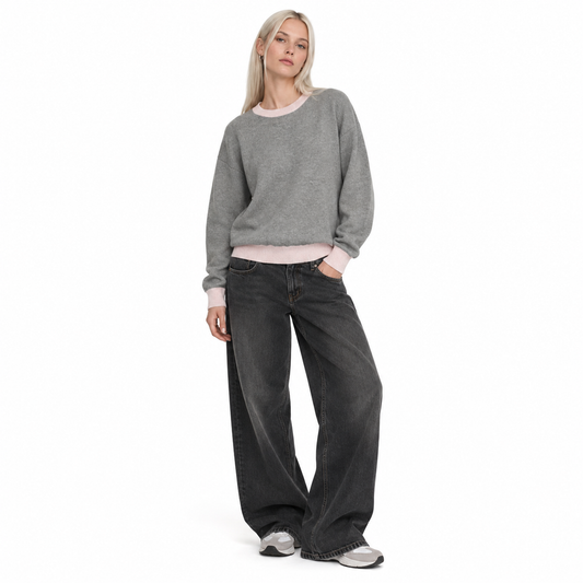 Grey colorblock knitted crew neck sweater