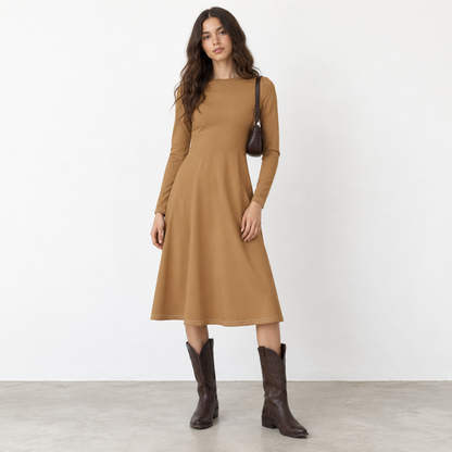 Khaki long-sleeve midi dress