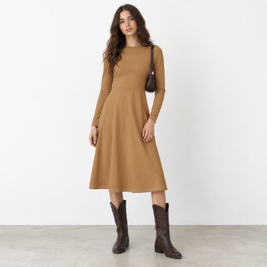 Khaki All-over print long sleeve midi dress