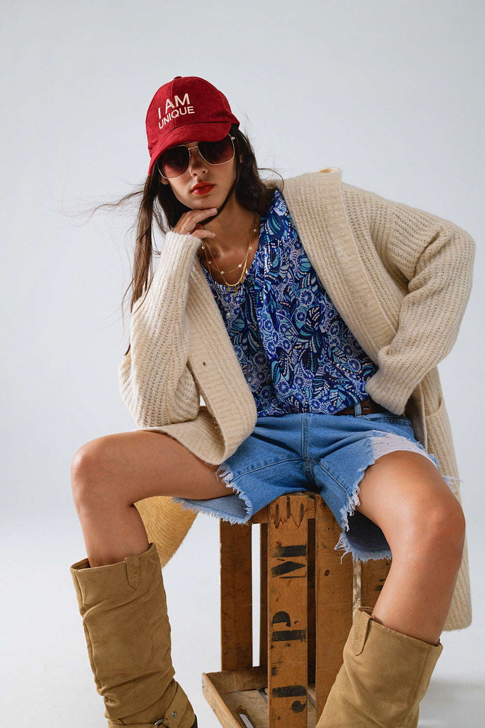 Long Ribbed Cardigan With Pockes and Hood in Cream